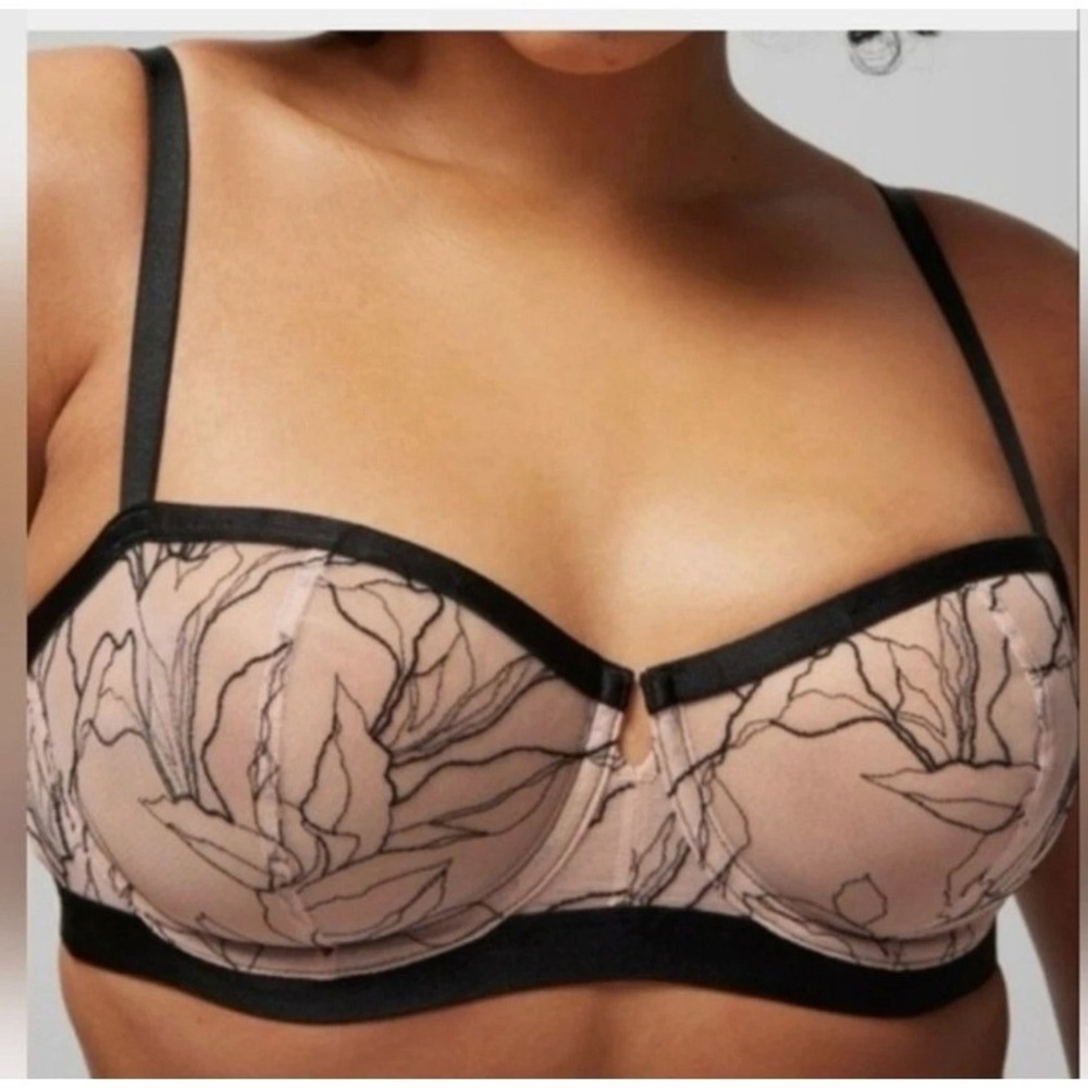 Soma Convertible Embroidered Balconette Bra 38B Black Nude Floral Mesh Underwire